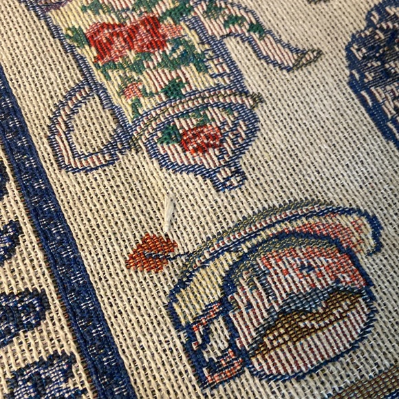 Table Runner Blue Teapots Tea Theme "Share the Warmth of Home" Tapestry - Picture 3 of 6